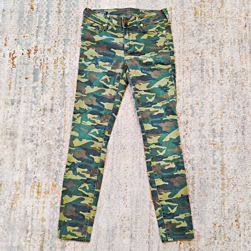 True Religion Women’s Green Camo Mid Rise Super Skinny Stretch Jeans Size 26